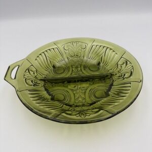 Vintage Green Indiana Glass Divided Round Candy Dish Relish Tray Bowl w Handle